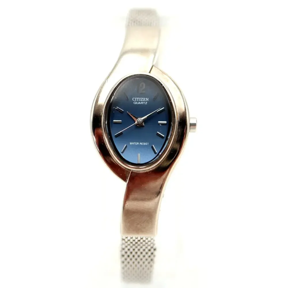 Vintage Citizen Silver Blue Oval Swirl 19mm Women Watch Steel Band w New Battery